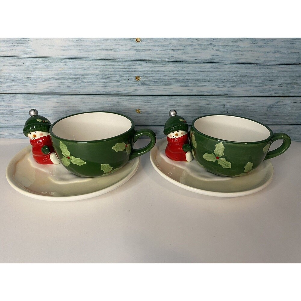 Set of 2 Vintage Hallmark Melting Snowman Soup Bowl w/ Plate Green White Holly